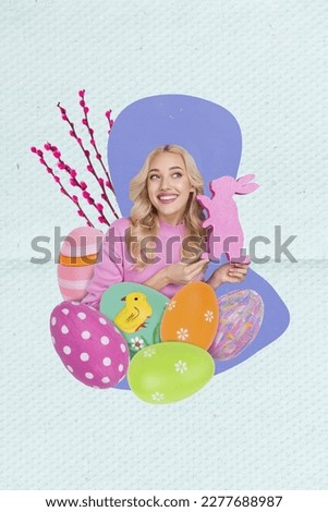 Vertical collage portrait of cheerful mini girl hands hold bunny shape toy big painted easter eggs isolated on drawing background