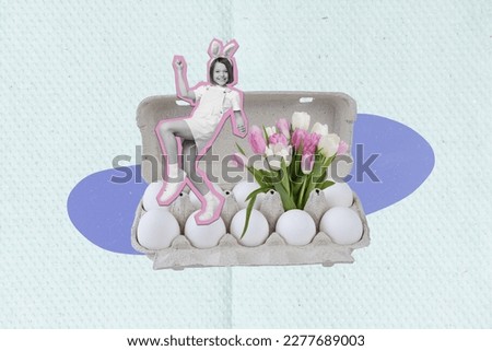 Composite collage portrait of excited positive mini black white effect girl dancing big egg tray raise fists fresh tulips flowers