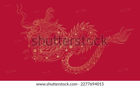 Happy Chinese New Year 2024. Chinese dragon, line drawing gold modern flower pattern. On red background for card design print media. China lunar calendar animal. Vector EPS 10.