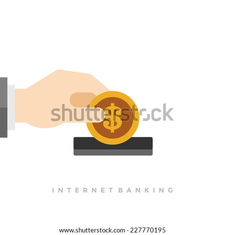 Business man hand holding money coin and dollar icon internet banking flat design vector illustration