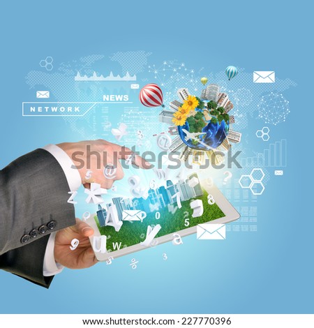 Man hands using tablet pc. Business city on touch screen. Earth with buildings near tablet. Element of this image furnished by NASA