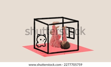 Conceptual art collage of little cute girl wearing pink pajamas, laying at tiny sketch box and feeling pressure. Concept of inner world, child psychology, discomfort, moral pressure, emotions