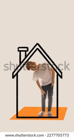Conceptual art collage of child standng at drawing imaginary house with fear, discomfort. Concept of inner world, dreams, child psychology, discomfort, moral pressure, mental health, emotions