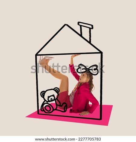 Let's take responsibility. Conceptual art collage of adult girl is around her toys at tiny imaginary house. Concept of adult infantilism, comfort zone, unwillingness to take responsibility