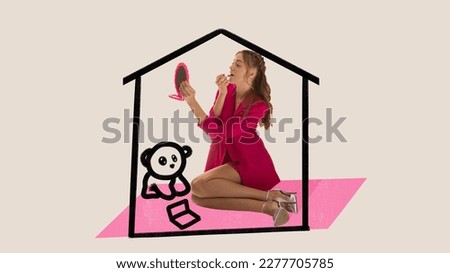Conceptual art collage of adult girl with lipstick and mirror wearing suit and heels, sitting at tiny house with toy. Concept of adult infantilism, comfort zone, unwillingness to take responsibility