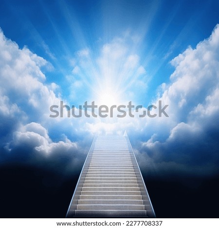 Stairway through the clouds to the  heavenly light. Stairway to heaven Royalty-Free Stock Photo #2277708337