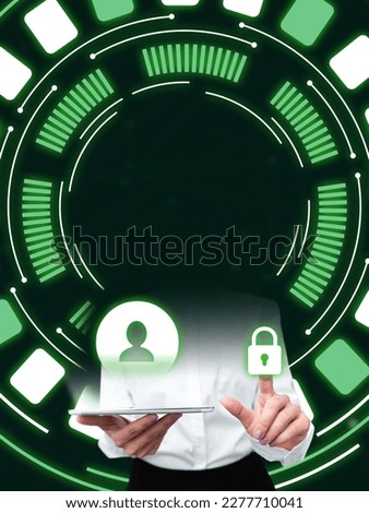 Lady In white shirt Standing Holding Tablet In Hand Presenting Virtual Modern Technology. Business Woman Carrying Tab Pointing For New Futuristic Tech.