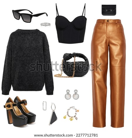 mood board fashion clothes, outfit, clothes collage, set of fashionable clothes and accessories, women's trendy fashion clothes collage on white, flat lay, top view Royalty-Free Stock Photo #2277712781