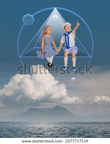 Cure little kids, boy and girl sitting on abstract geometric figure over sky and sea background. Imagination. Contemporary conceptual art collage. Surrealism. Concept of childhood, dreams, fantasy