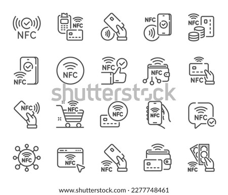 Nfc line icons. Near-field communication, contactless card, smartphone payment set. Mobile phone pay, nfc technology and Pos terminal icons. Contactless pay, nfc card, smartphone communication. Vector Royalty-Free Stock Photo #2277748461