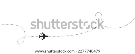 Airplane line path background. Air plane icon with flight route. Travel dash route line, trip flight path. Plane place location, airplane tracker. Dashed line with curl or loop. Vector Royalty-Free Stock Photo #2277748479
