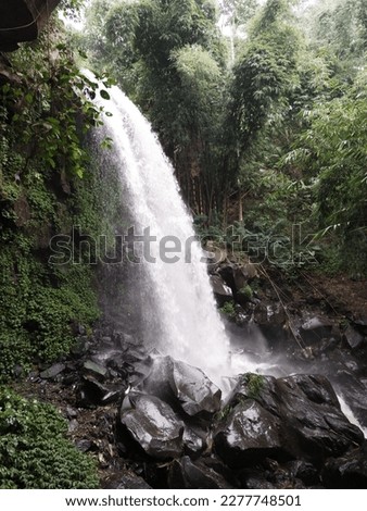Tropical landscape. Beautiful hidden waterfall in the rainforest. Adventure and travel concept. Nature background. Slow shutter speed, motion photography. Coban waterfall Lanang Malang, Indonesia