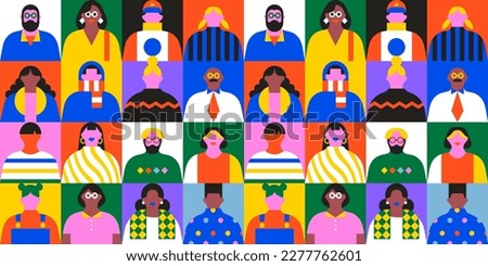 Diverse community seamless pattern illustration. Colorful flat cartoon character background in trendy 90s style. Young people texture print, business team mosaic, staff group wallpaper texture. Royalty-Free Stock Photo #2277762601