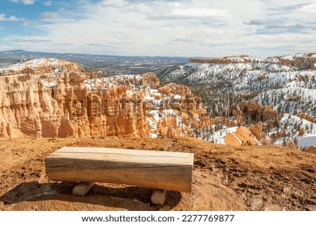 Log bench lookout over Bryce National Park in winter, Peaceful pensive thinking log