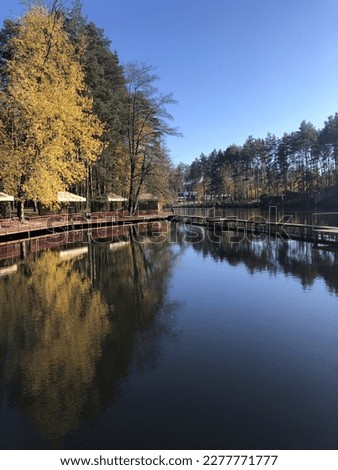Rural nature with lake and forest on a beautiful clear day. Walkway made of wood over the water of the lake