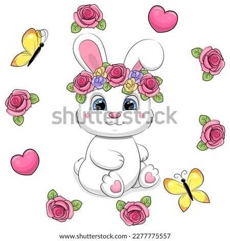 A cute cartoon white rabbit in a flower wreath sits in a roses frame. Spring animal vector illustration isolated on white background with flowers, butterflies and hearts.