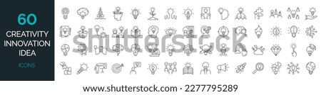 Set of 60 line icons related to creativity, idea, innovation, teamwork, invention. Outline icon collection. Editable stroke. Vector illustration