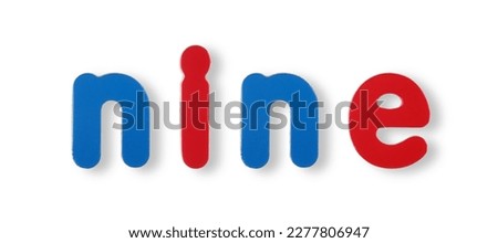 Nine word in coloured magnetic letters on white with clipping path concept