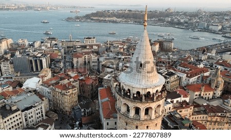 Droneview of Galata Tower and Bosphorus