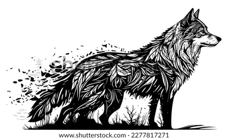 Wolf vector black line illustration isolated white. Sketch art