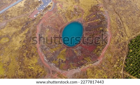 Aerial view of Kerid, is a beautiful crater lake of a turquoise color located on the South-West of Iceland