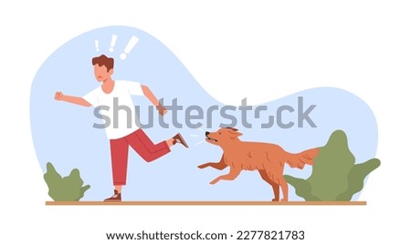 Little boy runs away from vicious and aggressive dog. Afraid child in dangerous situation. Terrified kid running, homeless animal attacking. Cartoon flat isolated illustration. Vector concept