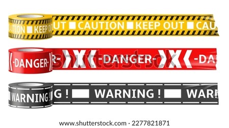 Warning sticky tapes. Realistic mounting film with danger labels, accident place, enclosing menace notification strips, yellow black and red lines. Zone restricted boundary utter vector set Royalty-Free Stock Photo #2277821871