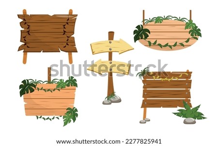 Vector illustration of old, wooden pointers and signs on white background. Road signs in the right direction, grass wrapped around them. A collection of road signs from