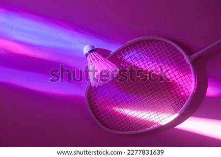 Badminton racket and shuttlecock in vibrant bold gradient holographic neon colors. Horizontal sport theme poster, greeting cards, headers, website and app