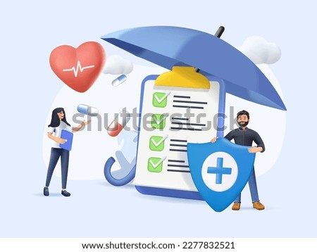 Health insurance 3D concept. Medical document with checklist under the umbrella. Big clipboard healthcare, finance and medical service 3D icon. Isolated vector illustration in 3D cartoon style render Royalty-Free Stock Photo #2277832521