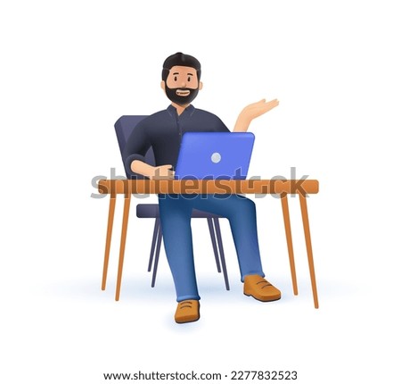 Happy businessman 3D character is sitting at desktop. Work the computer, financial analytics. Office worker or company employee. Front and back side. 3D render vector illustration in cartoon style Royalty-Free Stock Photo #2277832523