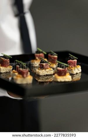The waiter holds a Set of assorted festive appetizer canapes on bread on a black tray as an event dish. Buffet table. Catering. Delicacy. Haute cuisine.  Royalty-Free Stock Photo #2277835593