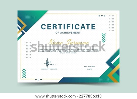 Green and gold geometric effect achievement certificate template.Award diploma design blank. Vector Illustration Royalty-Free Stock Photo #2277836313