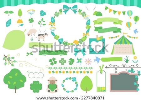 Green Illustrations and Decorations, No text ver.  This collection includes  leaves, icon,nature, ornament,doodles, ribbons and more.