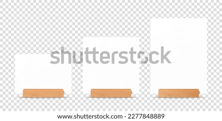 Vector 3d Realistic White A4, A5 Vertical, Horizontal and Square Blank Paper Sheet, Card on Wooden Holder, Stand. Design Template for Mockup, Menu Frame, Booklets. Acrylic Tent Card. Front View Royalty-Free Stock Photo #2277848889
