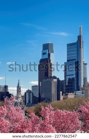 Philadelphia city skyline with spring flowers in spring sunny day, Philadelphia, Pennsylvania.