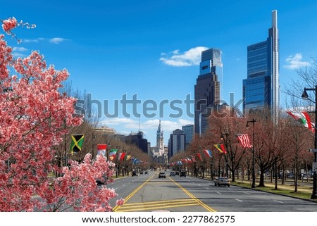 Philadelphia city skyline with spring flowers in spring sunny day, Philadelphia, Pennsylvania.