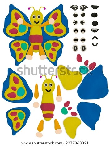 colorful cartoon smile butterfly made from plasticine on white isolated background