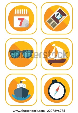 vector image set of 6 travel icons with yellow background and yellow border