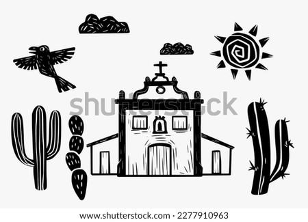 Little country church, sunny sky and cactus. Cordel literature art and woodcut style. Royalty-Free Stock Photo #2277910963