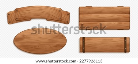 Wood texture game sign board vector realistic banner set. Isolated rustic farm ui icon interface design. Empty signboard plaque template with nail, collection for menu or message. Brown oval signage Royalty-Free Stock Photo #2277926113