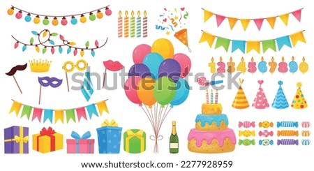 Vector bright cartoon image of a festive set. Balloons, flags, candles. The concept of parties, festivals and fun. A colorful element for your design. Royalty-Free Stock Photo #2277928959