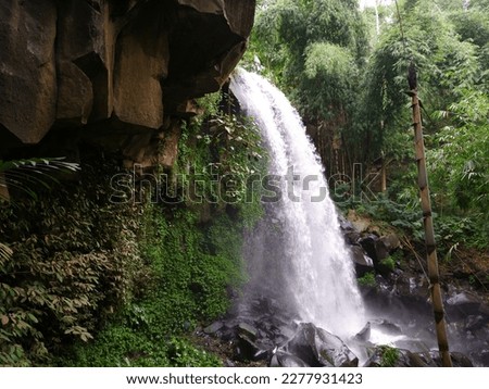 Tropical landscape. Beautiful hidden waterfall in the rainforest. Adventure and travel concept. Nature background. Slow shutter speed, motion photography. Coban waterfall Lanang Malang, Indonesia