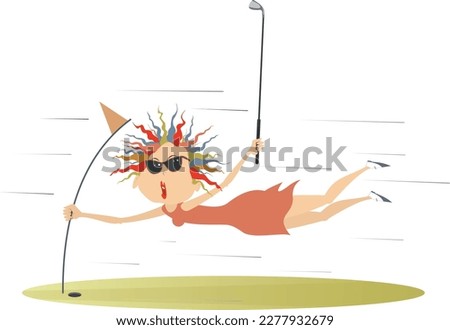 Bad weather and woman on the golf course. 
Strong wind and frightened woman with a golf club catches the golf flag
