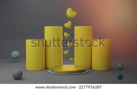 Podium empty with yellow heart shapes in gray composition for modern stage display and minimalist mockup ,valentine's day background ,Concept 3d illustration or 3d render