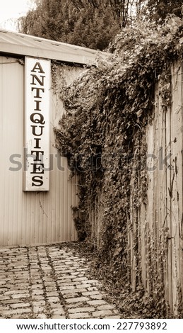 Antique shop sign near old wooden garden wall overgrown with a ivy shrub. Aged photo. Sepia.