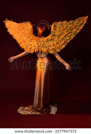 Full length portrait of beautiful woman model with long red hair, gold silk robes, crown  fantasy feather angel wings. Standing pose gestural hands reaching out isolated on dark red studio background