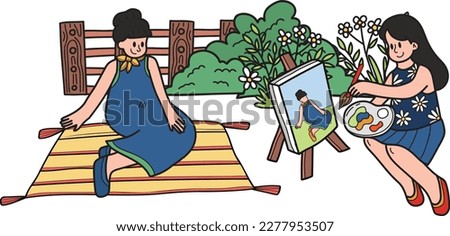 Young woman sitting and drawing in the park illustration in doodle style isolated on background