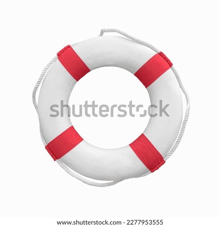 White life buoy with red stripes and white rope around isolated on white background Royalty-Free Stock Photo #2277953555