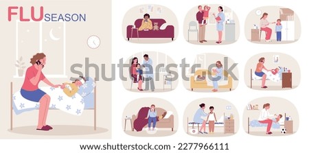 Flu season flat composition set with sick children suffering from various symptoms isolated vector illustration Royalty-Free Stock Photo #2277966111